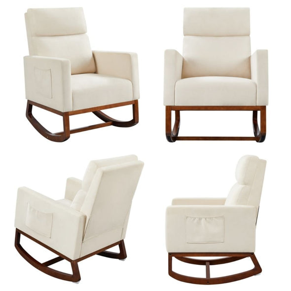Modern Wooden Cushioned Rocking Chair with Side Pockets for Comfort - Aroflit