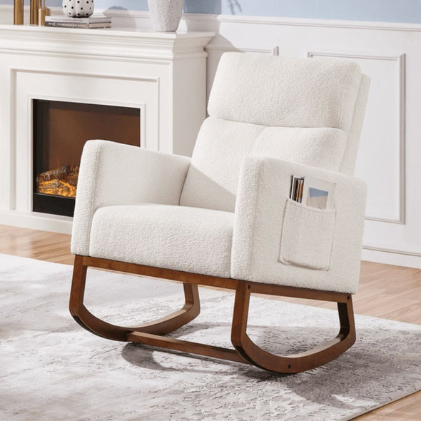 Modern Wooden Cushioned Rocking Chair with Side Pockets for Comfort - Aroflit