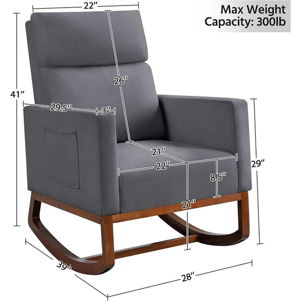 Modern Wooden Cushioned Rocking Chair with Side Pockets for Comfort - Aroflit