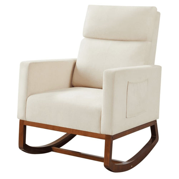 Modern Wooden Cushioned Rocking Chair with Side Pockets for Comfort - Aroflit