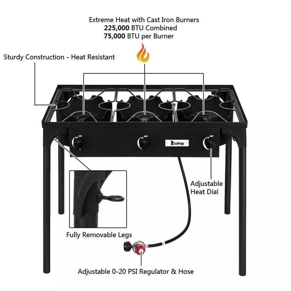 Portable Propane Camp Stove, 3 Burner, 225,000 BTU - Aroflit