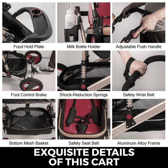 Red Baby Stroller Foldable Pram Car Seat - Safe, Reversible & Adjustable - Aroflit