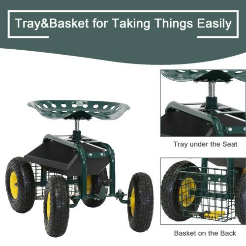 Rolling Premium Garden Cart Seat with Storage and 10 - Inch Wheels - Aroflit