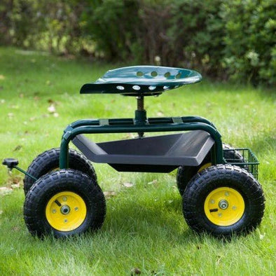 Rolling Premium Garden Cart Seat with Storage and 10 - Inch Wheels - Aroflit