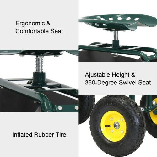Rolling Premium Garden Cart Seat with Storage and 10 - Inch Wheels - Aroflit