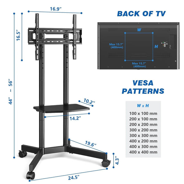 Rolling TV Stand Mobile Cart with Adjustable Shelf for 32 - 70 inch TVs - Aroflit