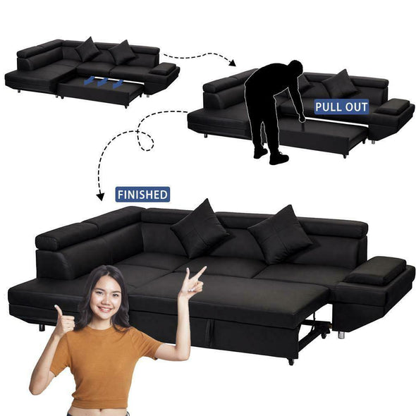 Contemporary Black Sectional Sofa Bed with Armrest and Back Support