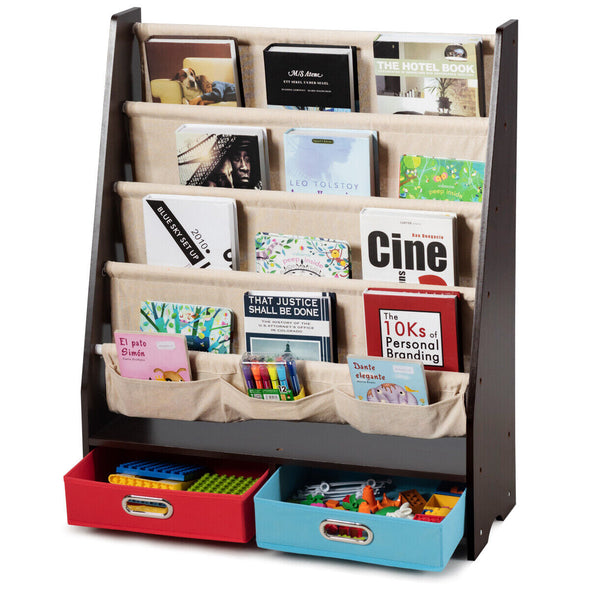 Kids Wooden Multi-Tier Bookshelf Toy Organizer with Pull-Out Drawers