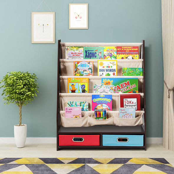 Kids Wooden Multi-Tier Bookshelf Toy Organizer with Pull-Out Drawers