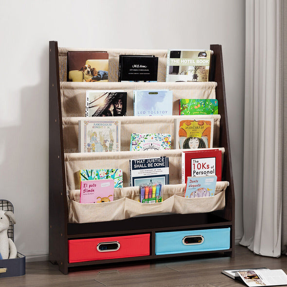 Kids Wooden Multi-Tier Bookshelf Toy Organizer with Pull-Out Drawers