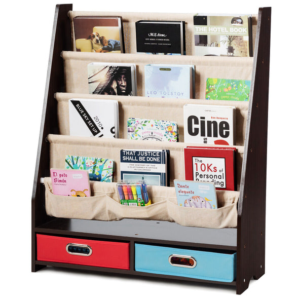 Kids Wooden Multi-Tier Bookshelf Toy Organizer with Pull-Out Drawers