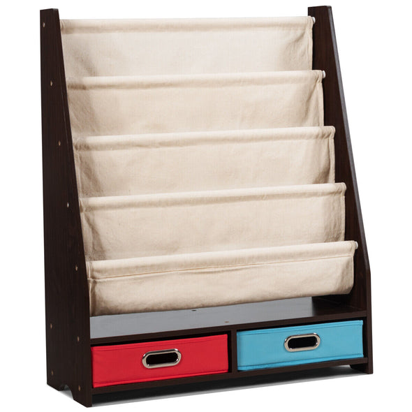 Kids Wooden Multi-Tier Bookshelf Toy Organizer with Pull-Out Drawers