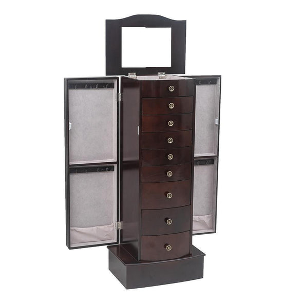 Large Mirrored Wooden Standing Jewelry Armoire – Elegant Organizer Cabinet