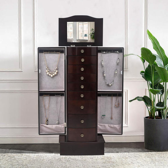 Large Mirrored Wooden Standing Jewelry Armoire – Elegant Organizer Cabinet
