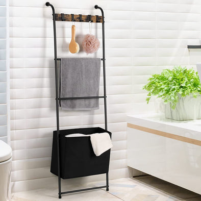 Wall Mounted Black Metal Quilt Blanket Throw Ladder Rack with Storage