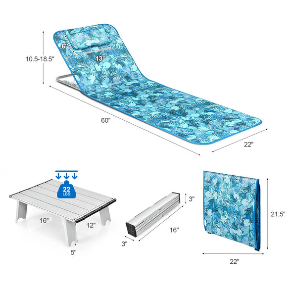 2-Piece Portable Low Folding Pool, Beach Lounge Chairs with Side Table