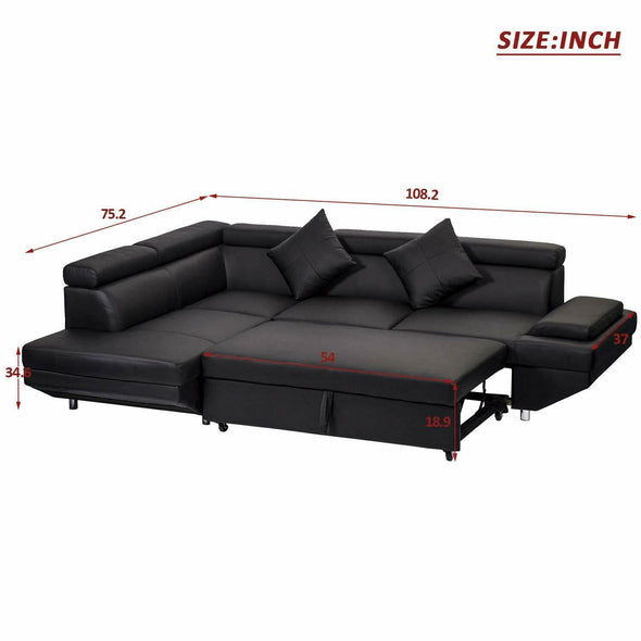 Contemporary Black Sectional Sofa Bed with Armrest and Back Support