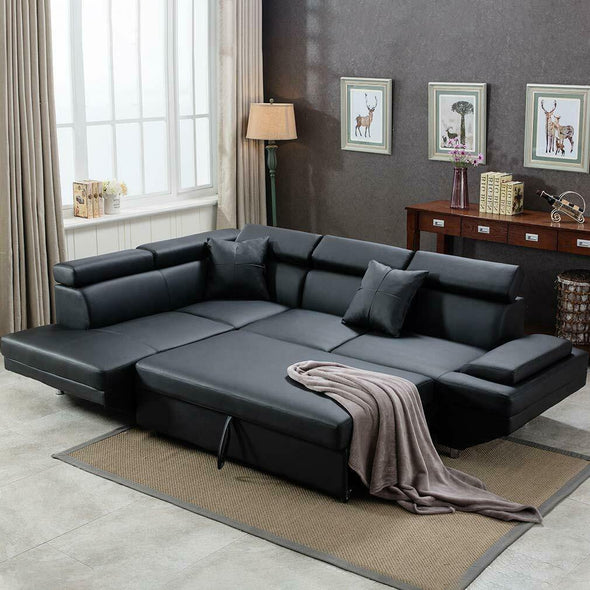 Contemporary Black Sectional Sofa Bed with Armrest and Back Support