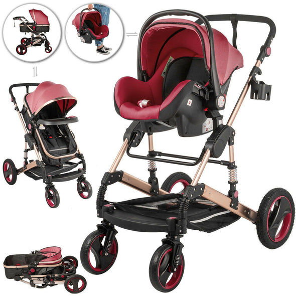 Red Baby Stroller Foldable Pram Car Seat - Safe, Reversible & Adjustable