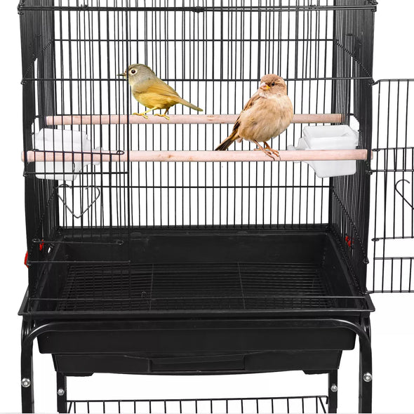 Rolling Bird Parrot Stand Cage with Perches, Feeder, and Storage Shelf