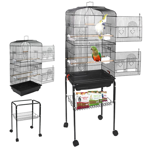 Rolling Bird Parrot Stand Cage with Perches, Feeder, and Storage Shelf