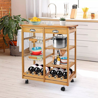 Island Carts for Kitchen, Bamboo & Pine Mobile Storage with Wine Rack