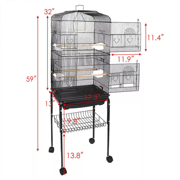 Rolling Bird Parrot Stand Cage with Perches, Feeder, and Storage Shelf
