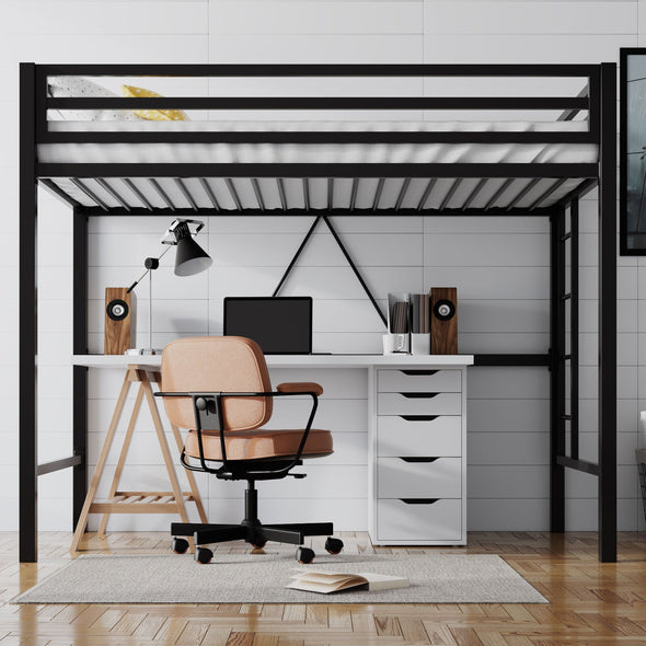 Metal Twin Loft Bed Frame with Desk, Guardrail, Ladder, and 400lb Capacity