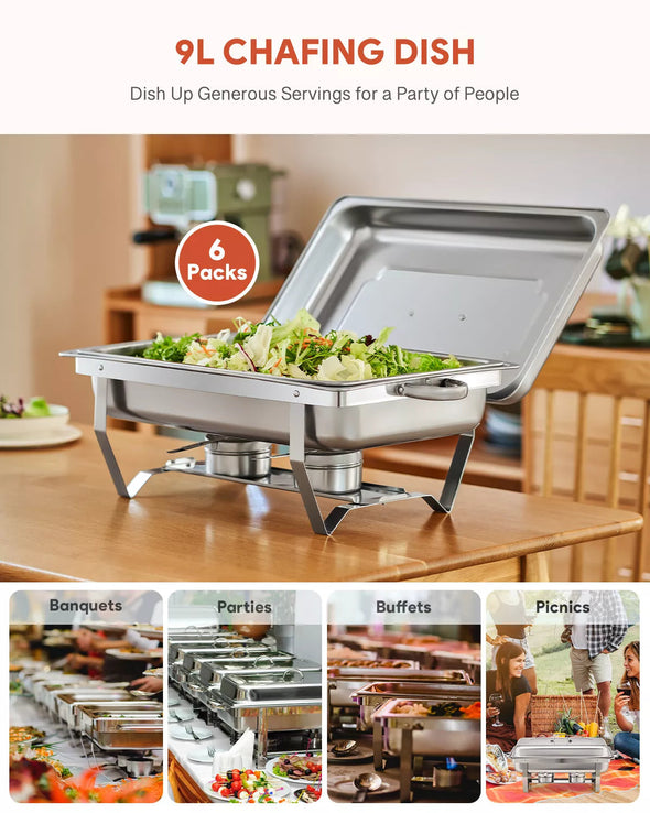 6-Set Stainless Steel Buffet Food Warmer – 9L Chafing Dishes with Lids
