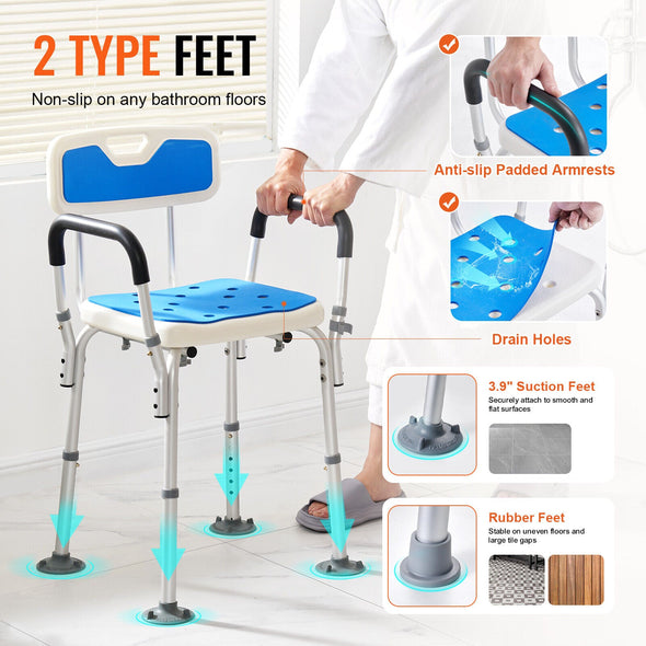Adjustable Height Shower Chair for Safety & Comfort, 400 lbs Capacity