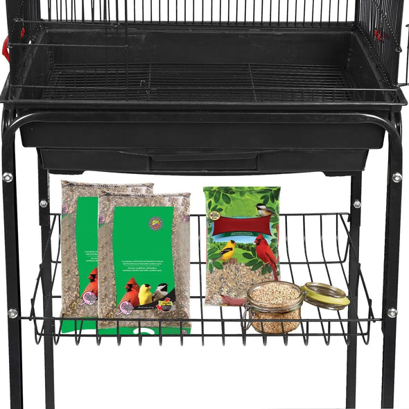 Rolling Bird Parrot Stand Cage with Perches, Feeder, and Storage Shelf