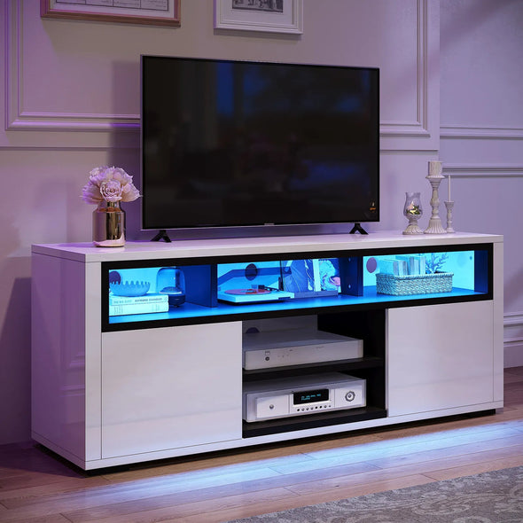 Modern White Gloss TV Stand with LED Lights, Storage for TVs up to 60