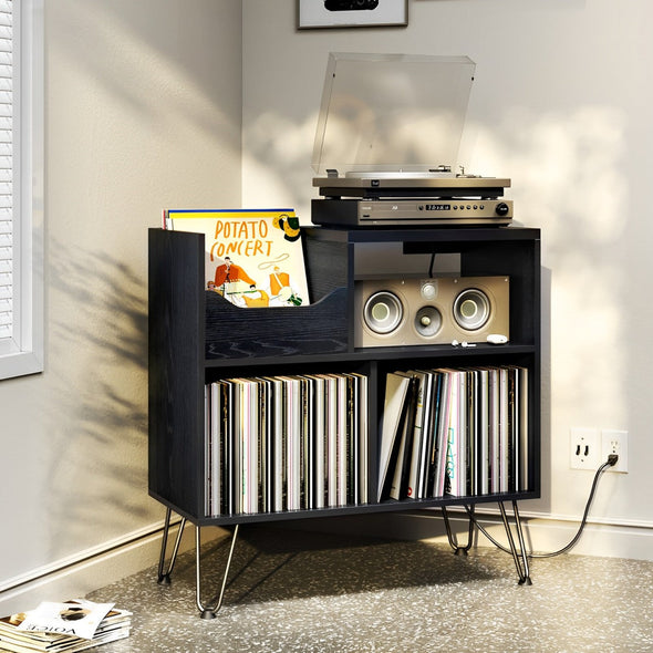 Vinyl Record Player Stand with Storage, Built-In Power Station