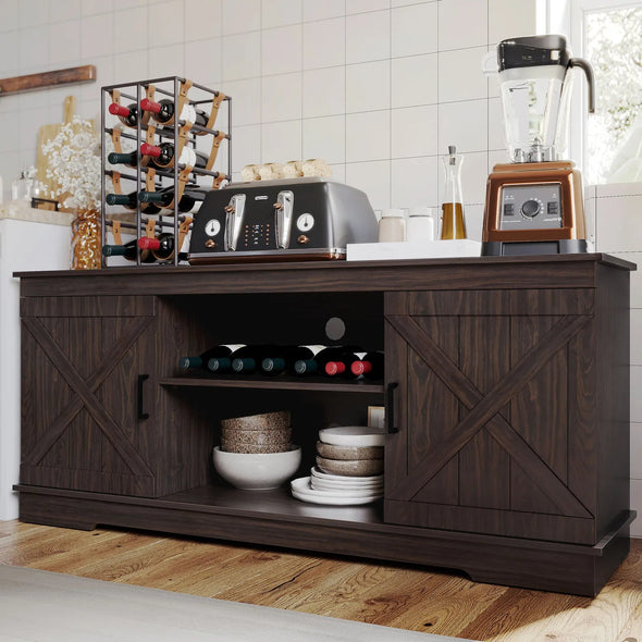 Farmhouse Coffee Bar Cabinet With Storage, Adjustable Shelves