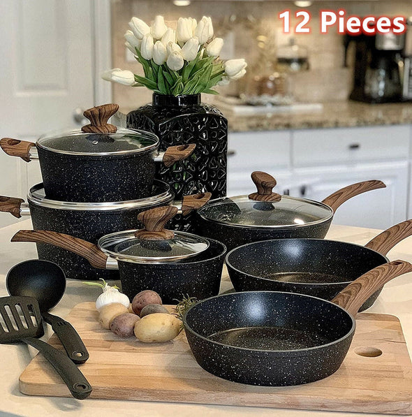 12-Piece Granite Non-Stick Pots and Pans Set, Versatile Cookware