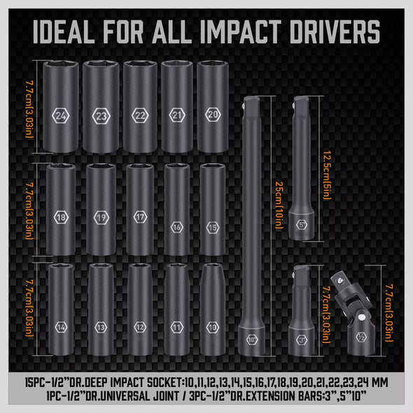 19-Piece 1/2-Inch Drive Impact Socket Set, Durable & Precision Tools