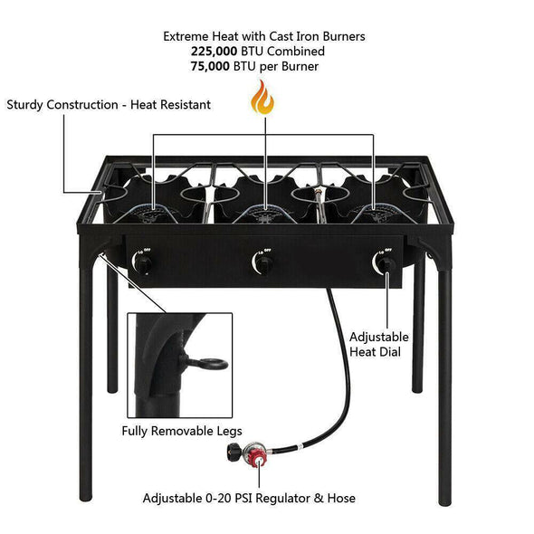 Portable Propane Burner Gas Cooker – 225,000 BTU Three Burner Outdoor Stove