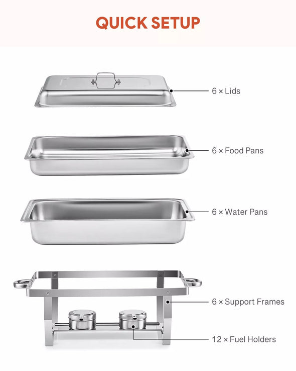 6-Set Stainless Steel Buffet Food Warmer – 9L Chafing Dishes with Lids