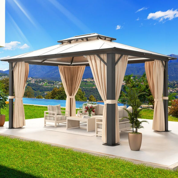 10'x13' PVC Roof Gazebo - Aluminum Frame, Double Roof & Privacy Curtains