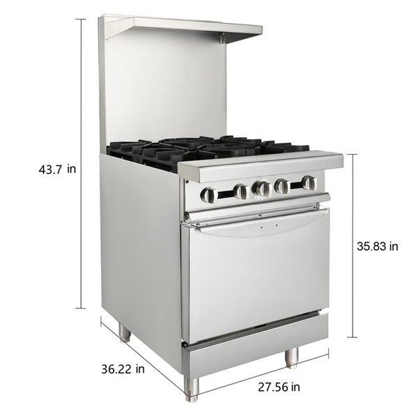 24" Natural Gas 4 Burner Commercial Restaurant Range with Standard Oven
