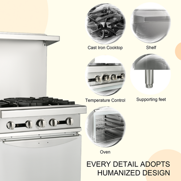 24" Natural Gas 4 Burner Commercial Restaurant Range with Standard Oven
