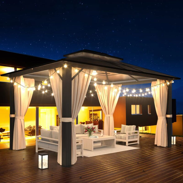 10'x13' PVC Roof Gazebo - Aluminum Frame, Double Roof & Privacy Curtains