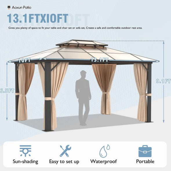 10'x13' PVC Roof Gazebo - Aluminum Frame, Double Roof & Privacy Curtains