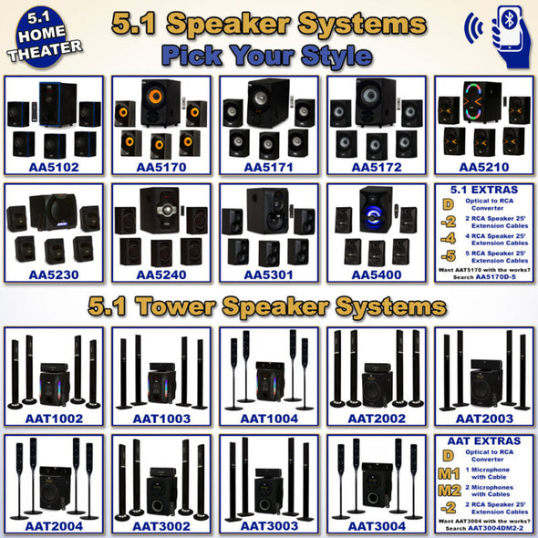 Acoustic Audio 5.1 Bluetooth Speaker System, 6 Speaker Home Theater