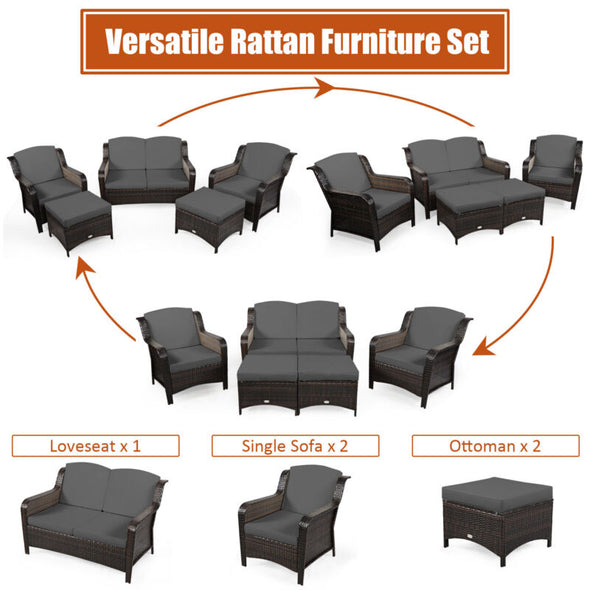 5-Piece Rattan Patio Furniture Set with Cushions – Outdoor Sofa & Ottoman