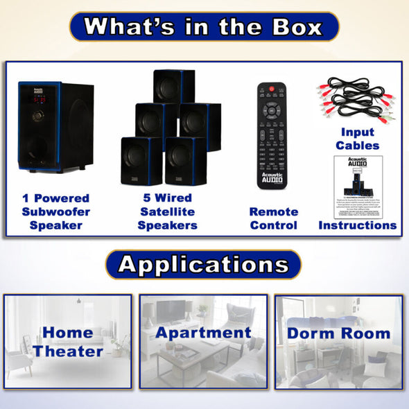 Acoustic Audio 5.1 Bluetooth Speaker System, 6 Speaker Home Theater