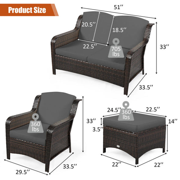 5-Piece Rattan Patio Furniture Set with Cushions – Outdoor Sofa & Ottoman