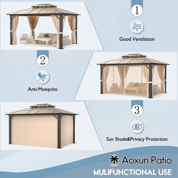 10'x13' PVC Roof Gazebo - Aluminum Frame, Double Roof & Privacy Curtains