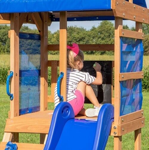 Cedar Wood Kids Playground Set with Swings, Slide, Fort & Chalk Wall
