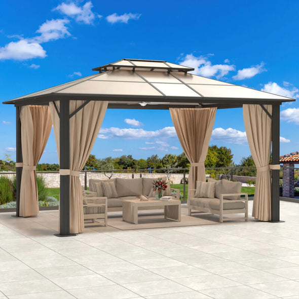 10'x13' PVC Roof Gazebo - Aluminum Frame, Double Roof & Privacy Curtains